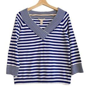 Banana Republic Blue and White Striped V-Neck Sweater